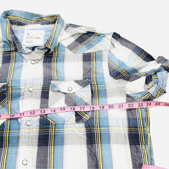 American Eagle Outfitters Mens Vintage White Blue Yellow SS Button Down Shirt - Picture 5 of 7
